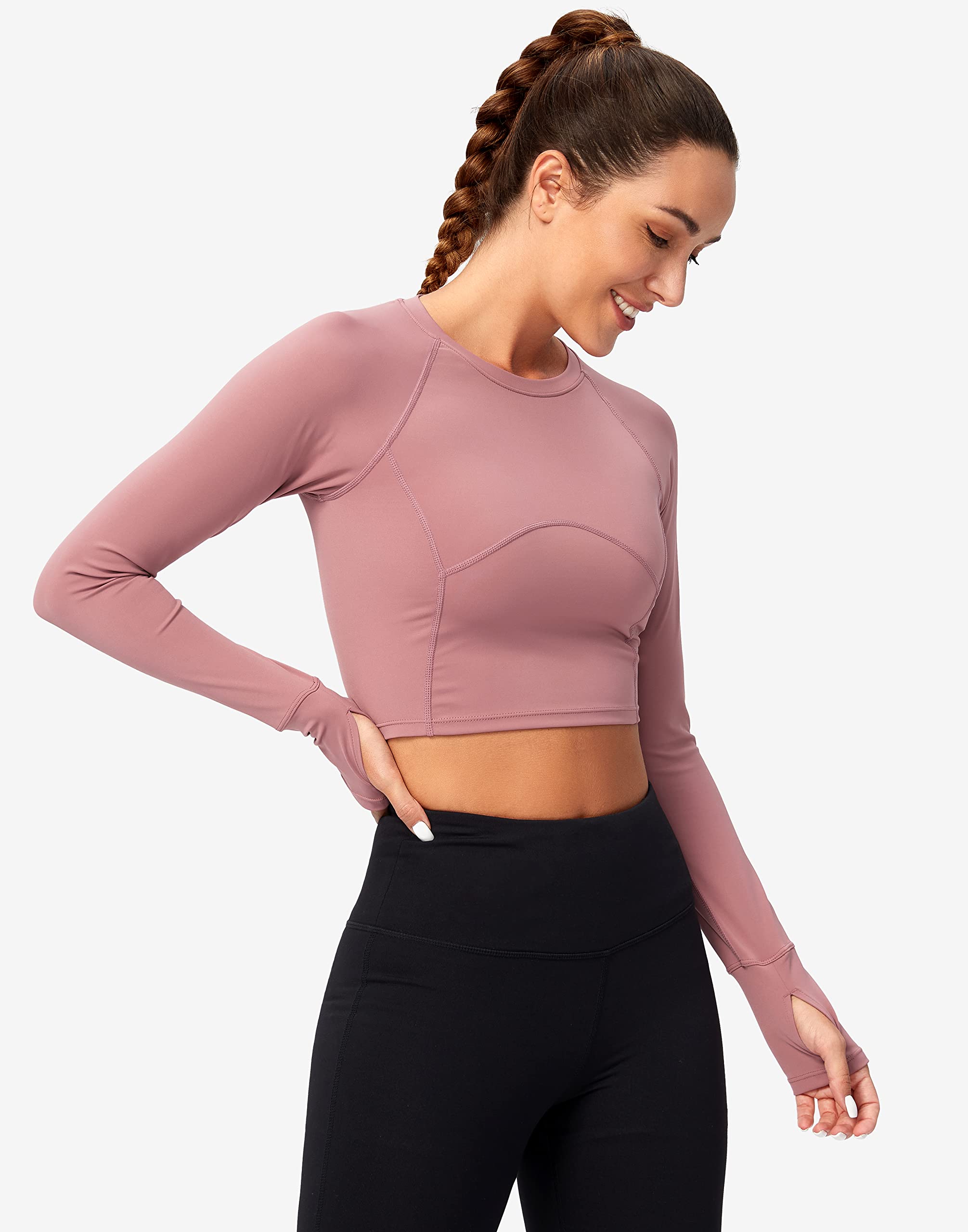 SANTINY Women's Long Sleeve Crop Workout Tops Slim Fit Gym Yoga Running Shirts for Women(B Pink_M)