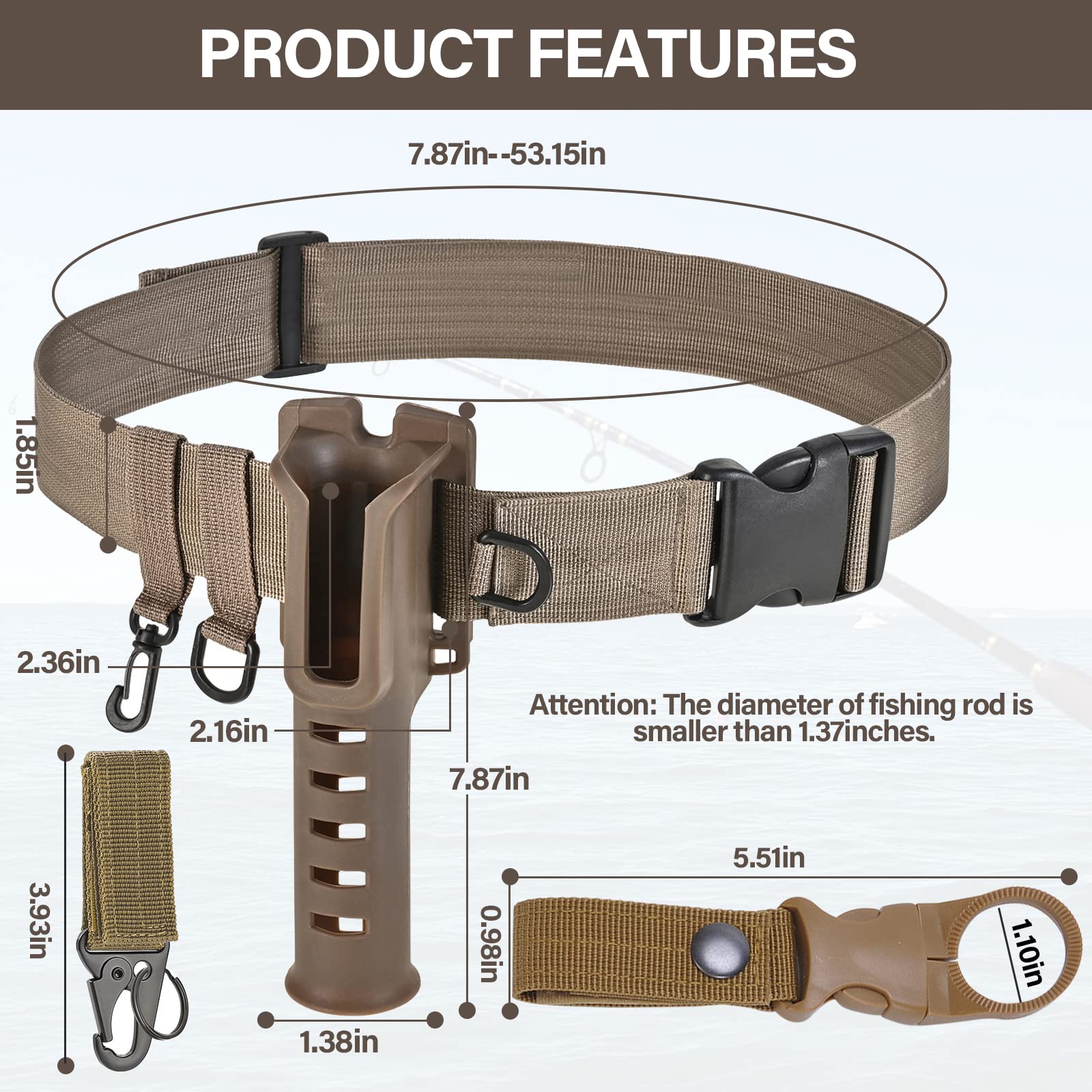 Fishing Wading Belt Rod Holder Adjustable Wader Fishing Waist Belt for Fly Surf Casting Spinning Fishing Pole Fishing Tackle (Khaki)