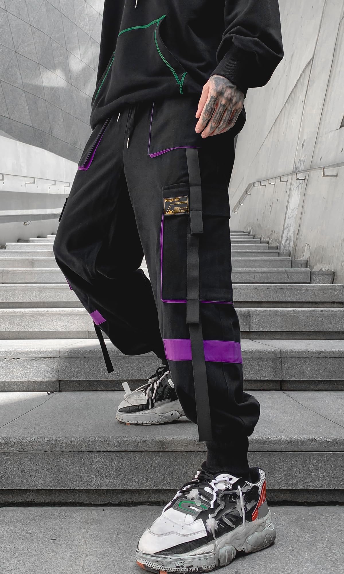 Mens Color Patchwork Punk Cargo Tactical Track Pants Techwear Hip hop Joggers Streetwear Pants Pink-20 X-Small