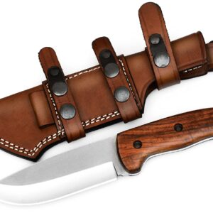 ALZAFASH Bushcraft Knife, Handmade Horizontal Carry Knife with Rosewood Handle, Hunting Knife with Holster, Tracker Knife With Sheath, High Carbon Steel Blade Knife