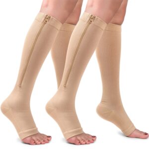 CTHH 2 Pairs Zipper Compression Socks 15-20mmgh-Calf Knee High Open Toe Compression Stocking