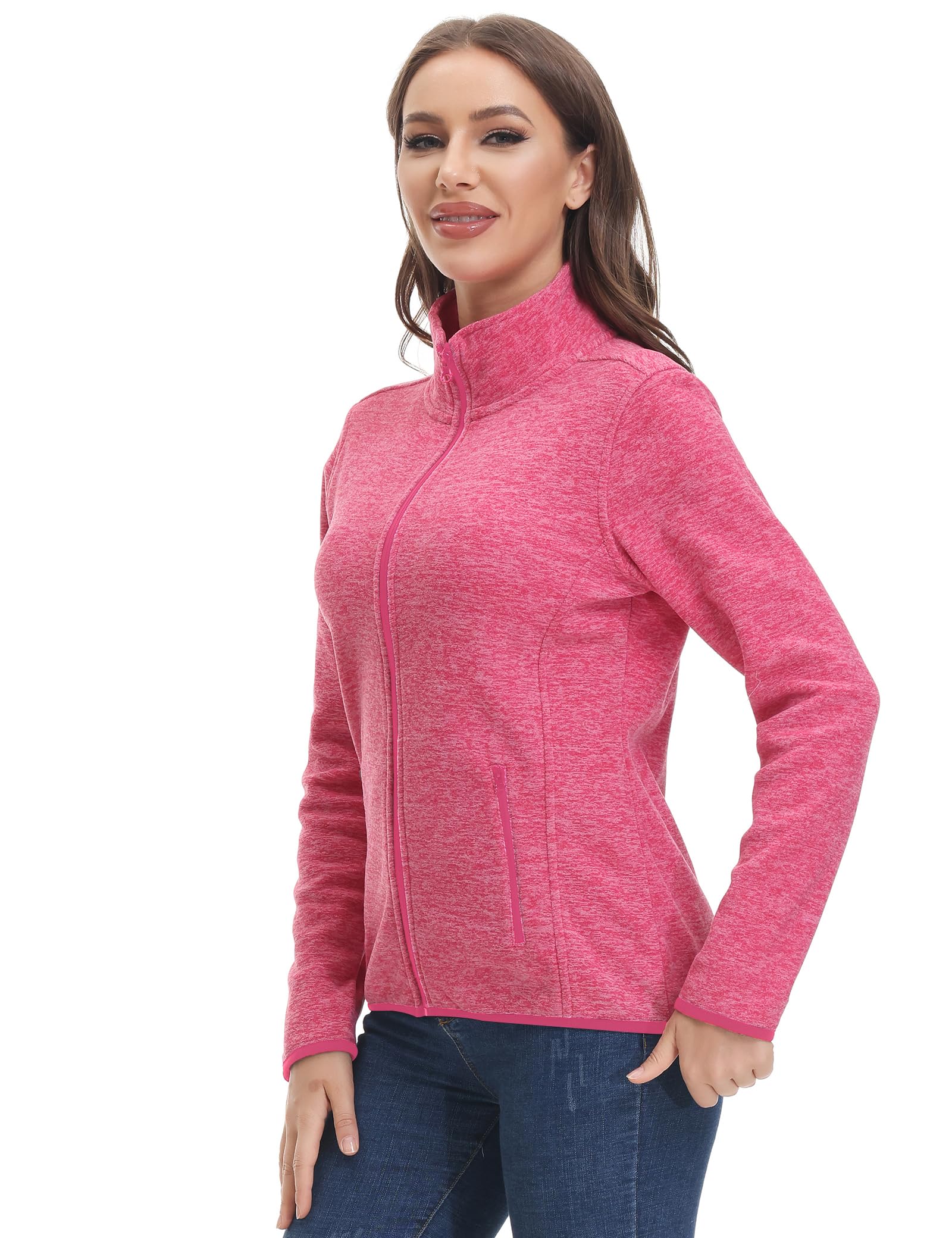 COZZIPLUS Women Zip Up Sweater Jacket with Fleece Interior, Warm Knitted Fleece Jacket with Pockets (Rose Fuchsia Melange, X-Large)