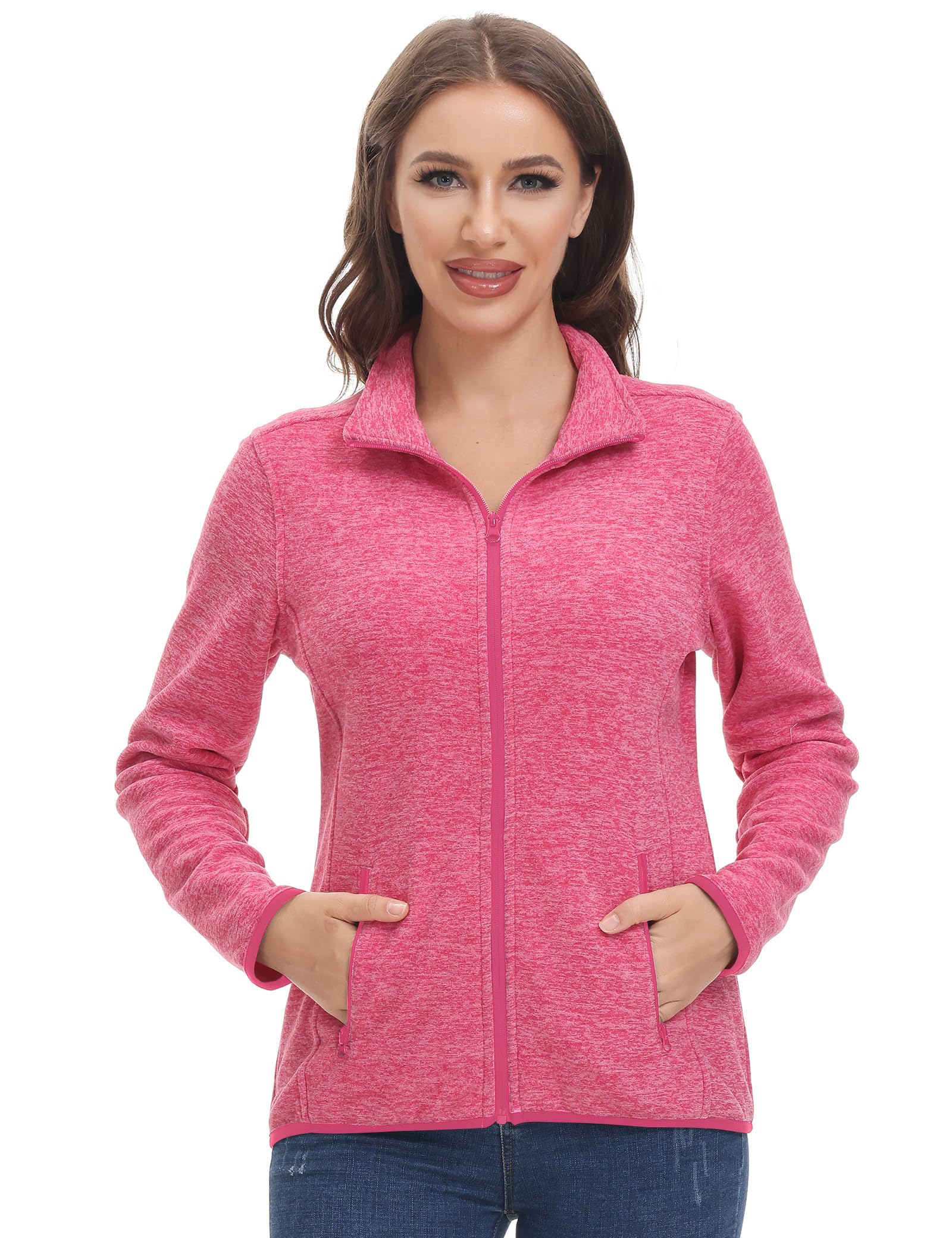 COZZIPLUS Women Zip Up Sweater Jacket with Fleece Interior, Warm Knitted Fleece Jacket with Pockets (Rose Fuchsia Melange, X-Large)