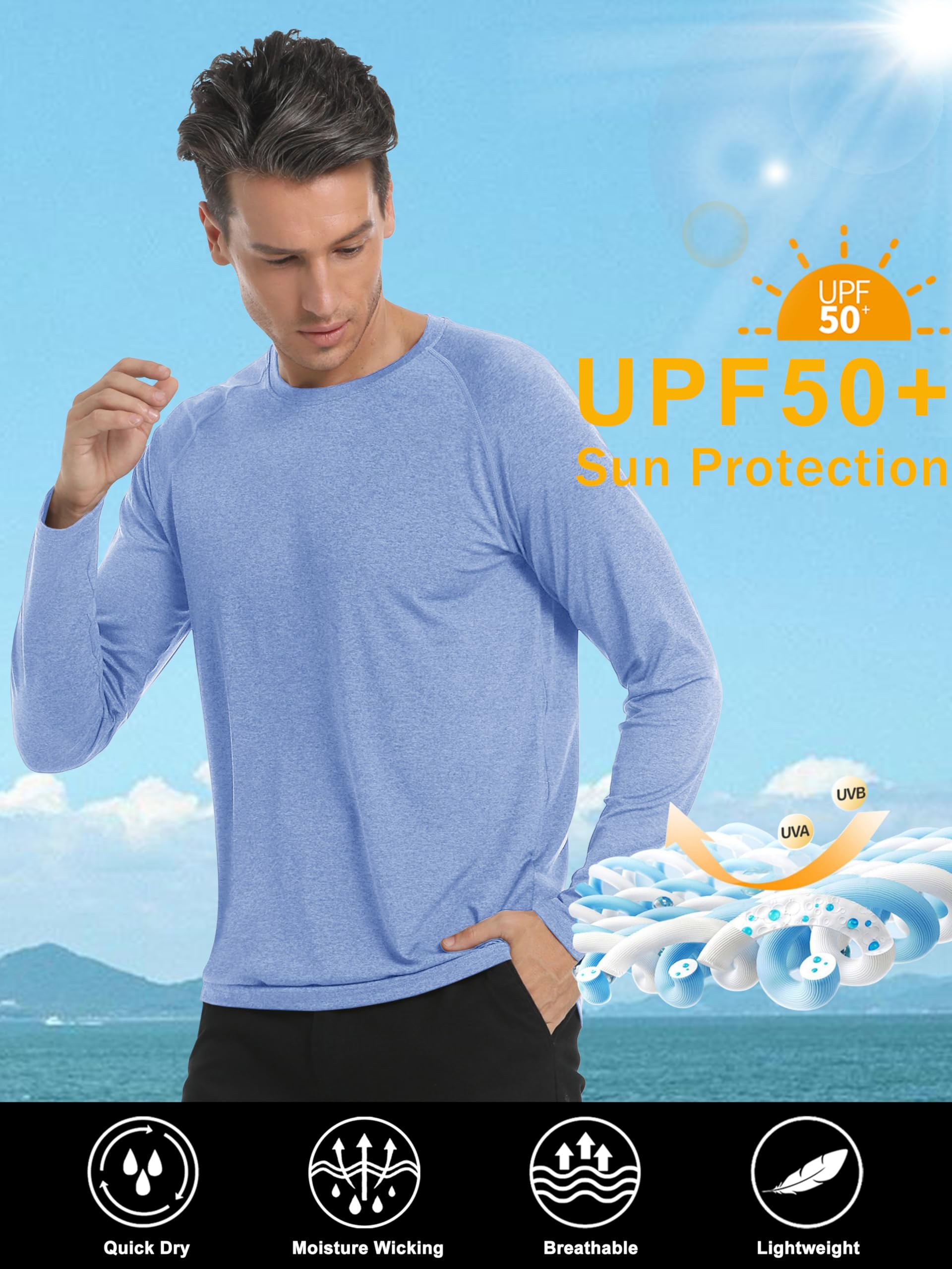 MAGCOMSEN Athletic Shirts for Men Long Sleeve UPF 50 Sun Protection Dry Fit T Shirt Workout Running Outdoor Shirts Light Blue,L