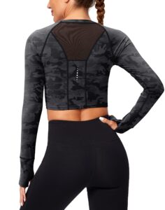 santiny women's long sleeve crop workout tops slim fit gym yoga running shirts for women(grey camo_xl)