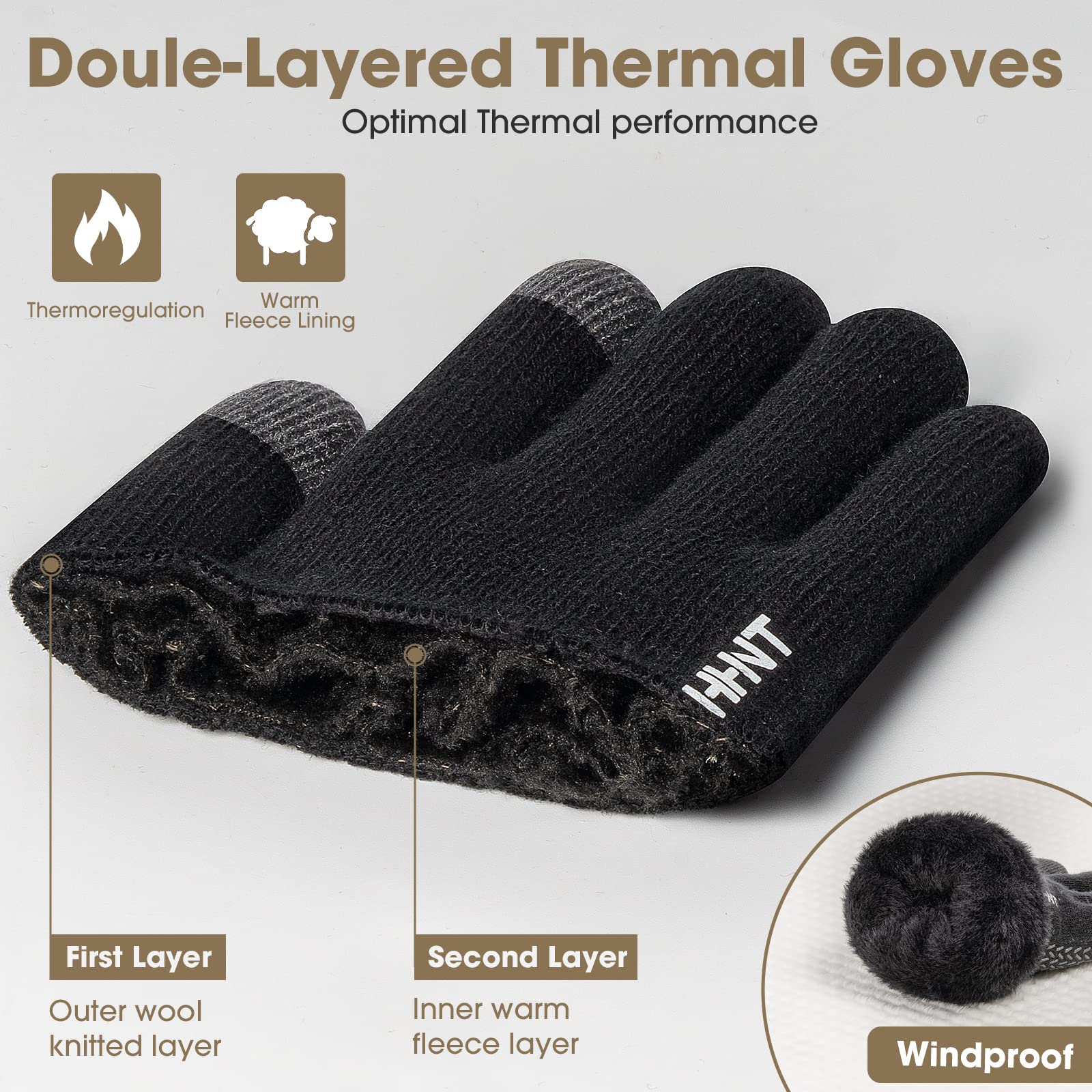 Rahhint Wool Winter Gloves Men Women Fleece Lined Knit Gloves with Touchscreen Fingers Insulated Gloves Keep Hand Warm Gift