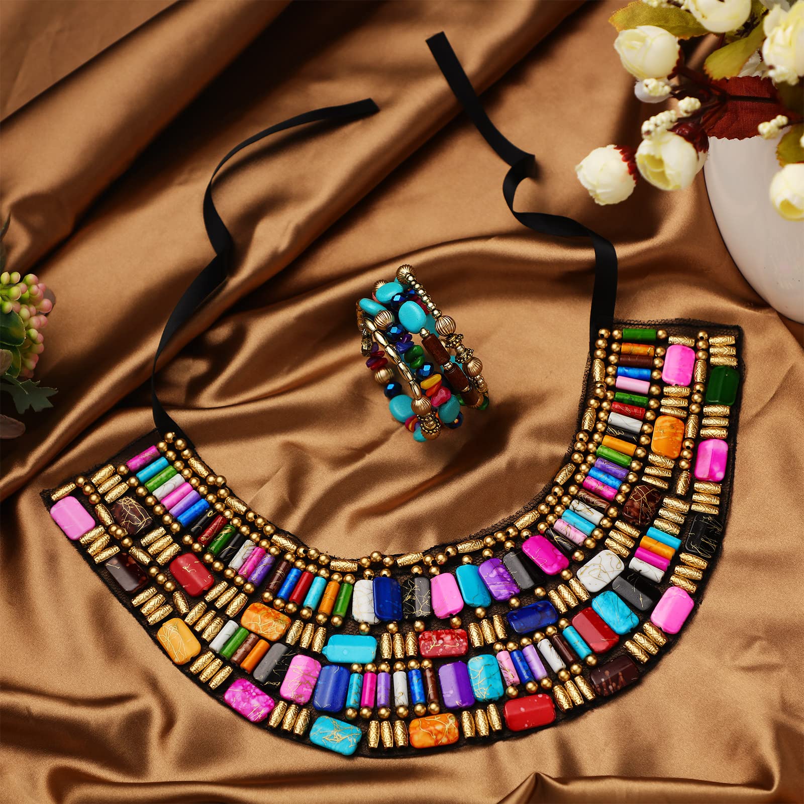 Bonuci 2 Pcs African Jewelry for Women African Chunky Choker Necklace Multicolour Bohemian Beads Necklace African Jewelry Sets Rainbow Chunky Layered Beaded Bib Necklace for Women