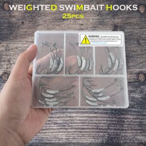 UperUper 25 Pack Weighted Swimbait Hooks, Jig Heads with Twist Lock, Soft Plastic Worm Fishing Hooks 1/0 2/0 3/0 4/0 5/0