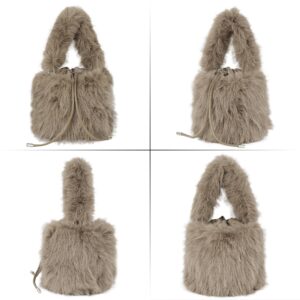 Hyuyikuwol Women Faux Fur Winter Fashion Shoulder Bag Barrel Shape Drawstring Satchel Purse, Khaki