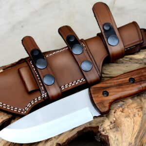 ALZAFASH Bushcraft Knife, Handmade Horizontal Carry Knife with Rosewood Handle, Hunting Knife with Holster, Tracker Knife With Sheath, High Carbon Steel Blade Knife