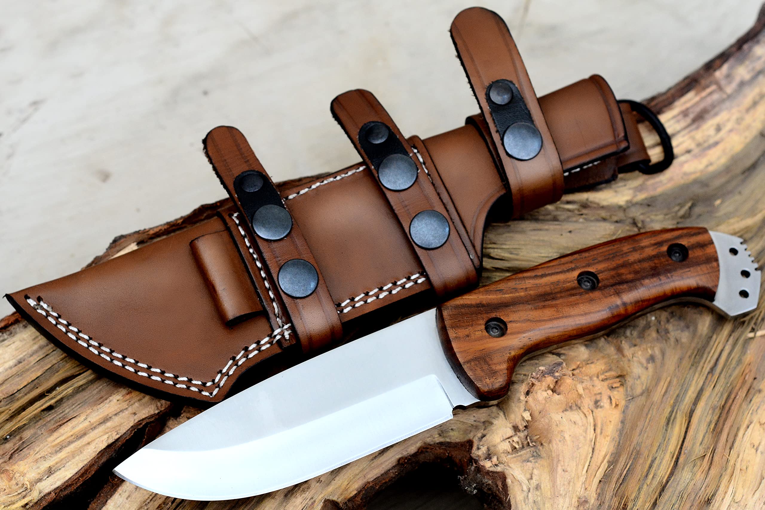 ALZAFASH Bushcraft Knife, Handmade Horizontal Carry Knife with Rosewood Handle, Hunting Knife with Holster, Tracker Knife With Sheath, High Carbon Steel Blade Knife