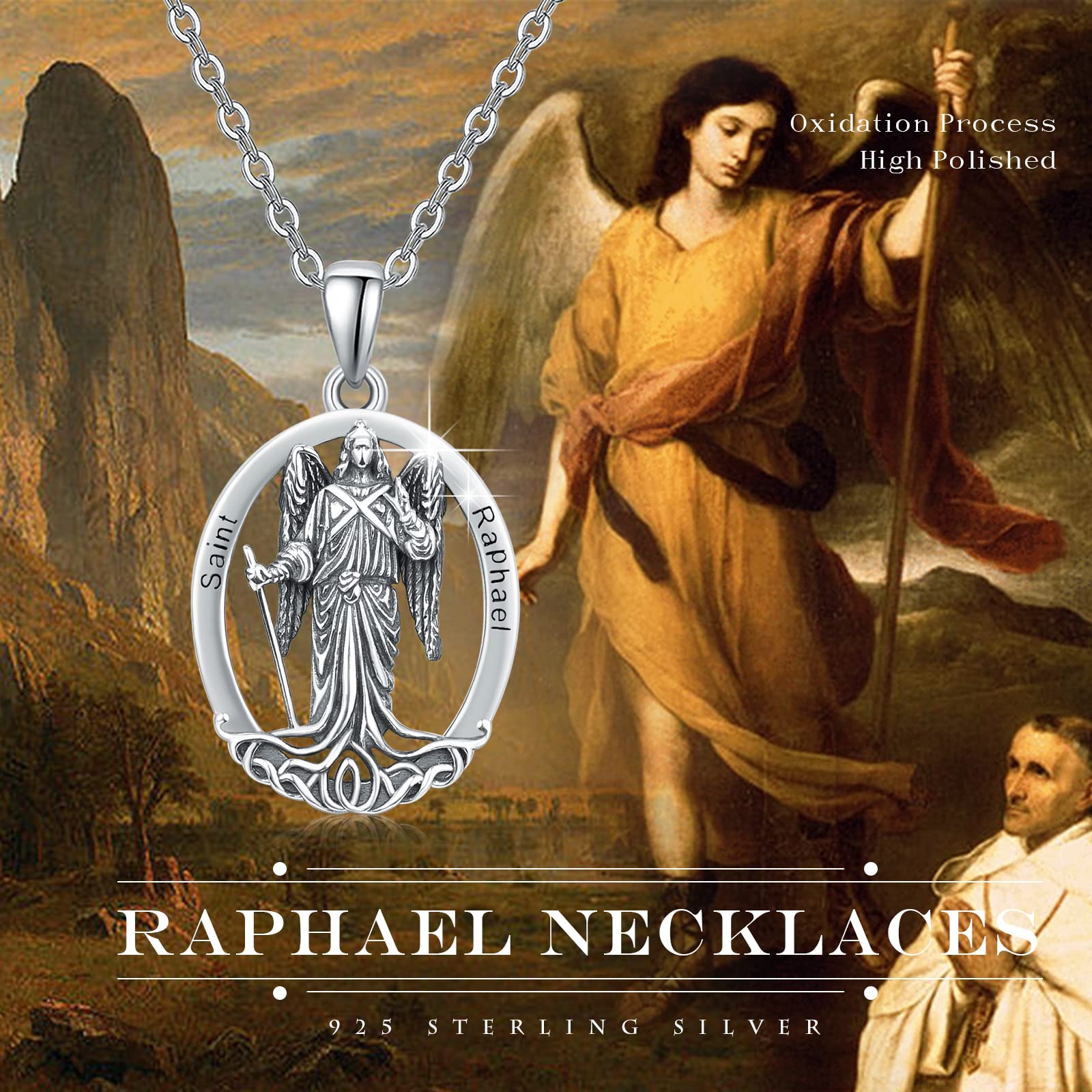 XIXLES Saint Raphael Necklace 925 Sterling Silver Archangel St Raphael Pendant Necklace,Patron Saint Raphael Medal Jewelry for Men with 22 in Chain