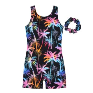 JESKIDS Leotards for Girls Gymnastics with Shorts Dance Biketards Tumbling Unitard Matching Hair Scrunchie Coconut Tree 14T 15T