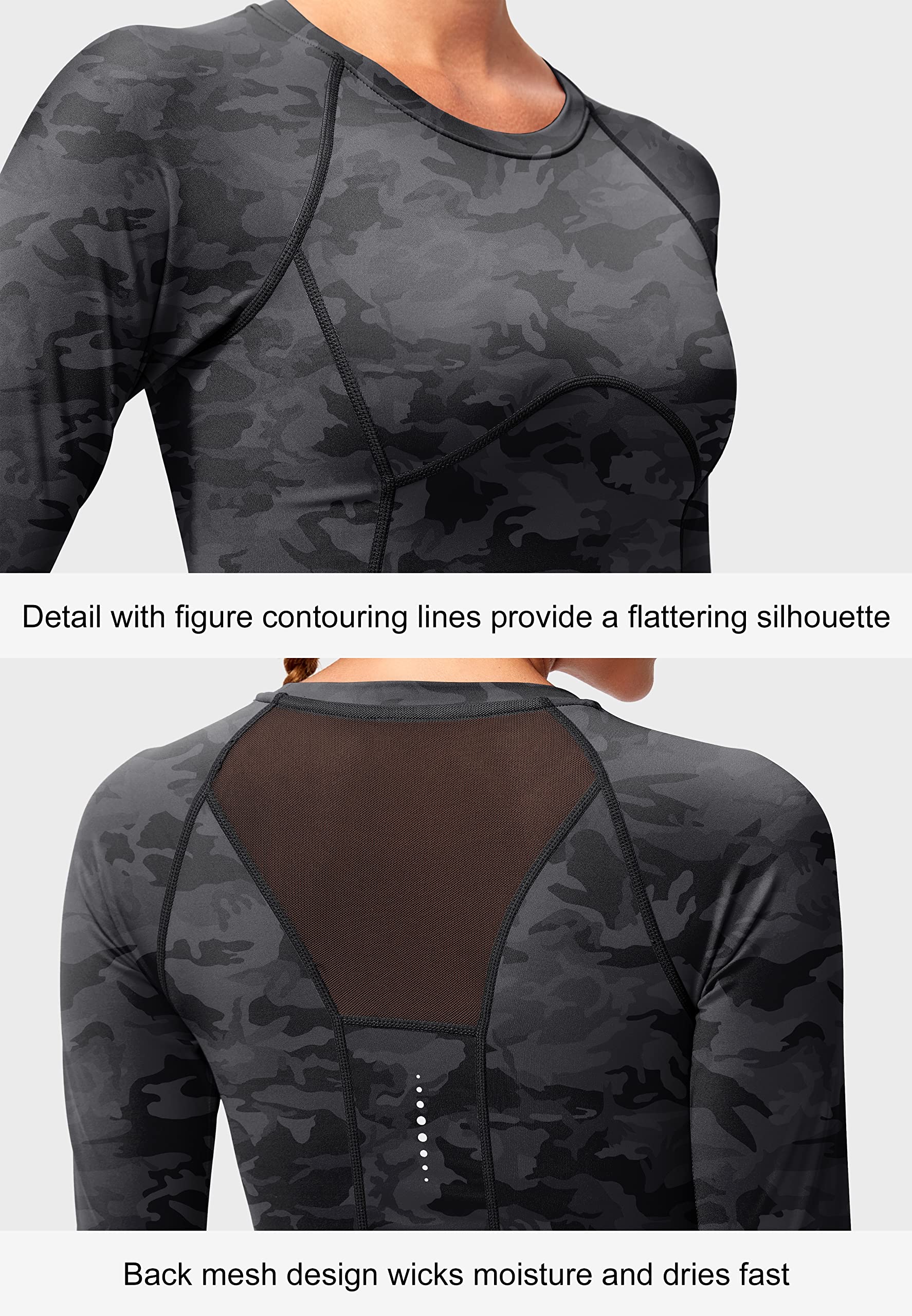 SANTINY Women's Long Sleeve Crop Workout Tops Slim Fit Gym Yoga Running Shirts for Women(Grey Camo_XL)