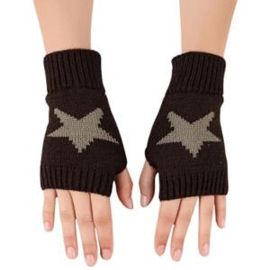 SHENHE Women's Star Pattern Fingerless Thumb Hole Knitted Wrist Length Mitten Gloves Coffee Brown One Size