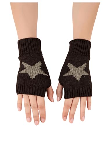 SHENHE Women's Star Pattern Fingerless Thumb Hole Knitted Wrist Length Mitten Gloves Coffee Brown One Size