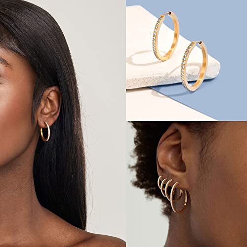 Gold Hoop Earrings For Women Gold Plated Cubic Zirconia Hoop Earrings Set Men Lightweight Huggie Hoops Hypoallergenic Gold Earrings Set for Women Fashion Jewelry (4 Sizes)