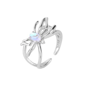 OIDIMS Moonstone Spider Sterling Silver Plated Open Statement Rings Crystal Adjustable Eternity Wedding Open Ring Fashion Dainty for Women Men Halloween Cocktail Party Biker Jewelry