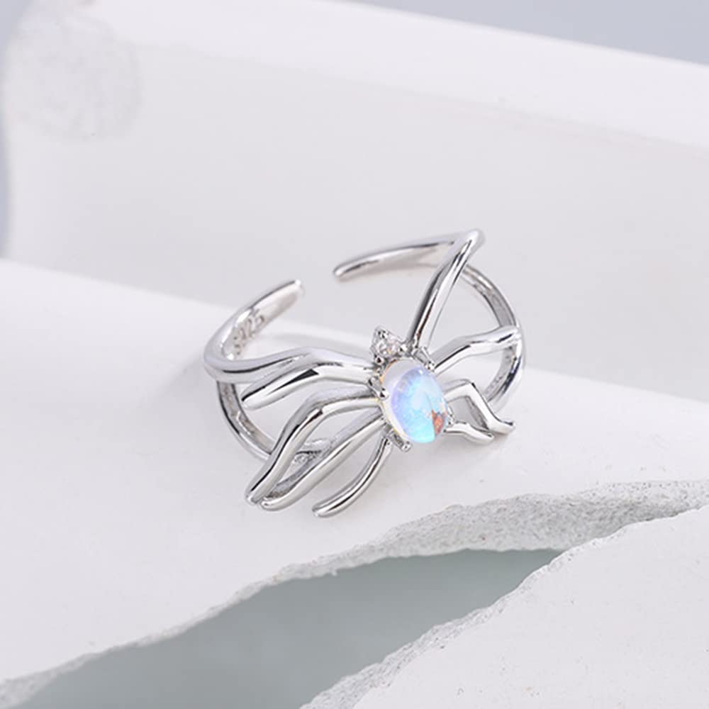 OIDIMS Moonstone Spider Sterling Silver Plated Open Statement Rings Crystal Adjustable Eternity Wedding Open Ring Fashion Dainty for Women Men Halloween Cocktail Party Biker Jewelry