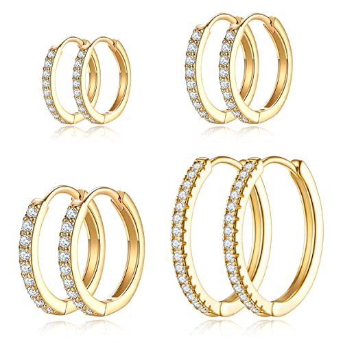 Gold Hoop Earrings For Women Gold Plated Cubic Zirconia Hoop Earrings Set Men Lightweight Huggie Hoops Hypoallergenic Gold Earrings Set for Women Fashion Jewelry (4 Sizes)