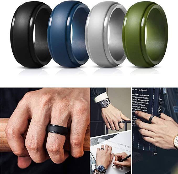 Mens Silicone Wedding Band, Rubber Rings for Him Women Couples Size 8, Step Edge Sleek Design 4 Pack