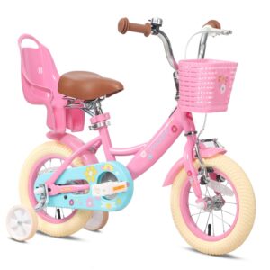 Glerc Maggie 14 Inch Girls Bike Ages 2 3 4 5 6 7 Years Old Kids Bicycle Princess Style with Doll-Seat & Basket & Training Wheels & Bell for Birthday, Pink