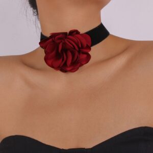 zeshimb boho black velvet choker necklace red flower necklace 3d rose necklace elastic satin collar necklace big flower exaggerated necklace jewelry for women girls cosplay necklace gifts