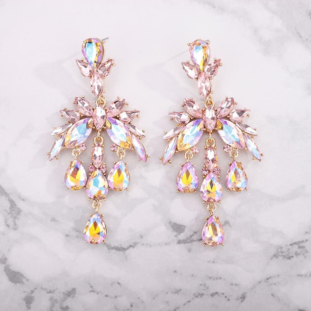 Denifery Wedding Teardrop Dangle Earrings Crystal Rhinestone Earrings Chandelier Earrings Rhinestone Dangle Drop Earrings for Women and Girls (Pink)