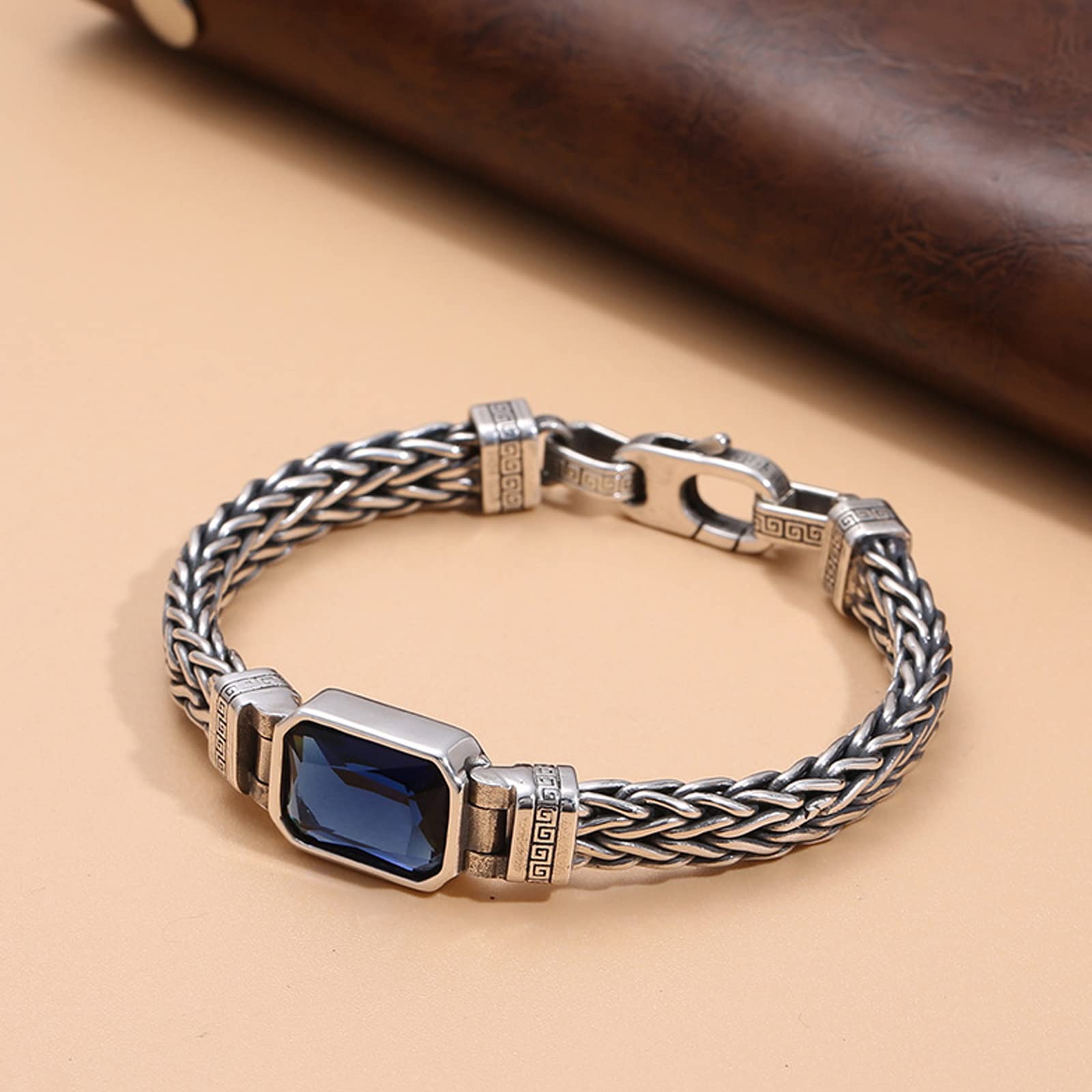 Myshiwu 925 Sterling Silver Wheat Bracelet Vintage Thai Silver Blue Cubic Zirconia Wheat Bar Bracelet for Men Women Gift (1pc Blue Cubic Zirconia, 20cm)