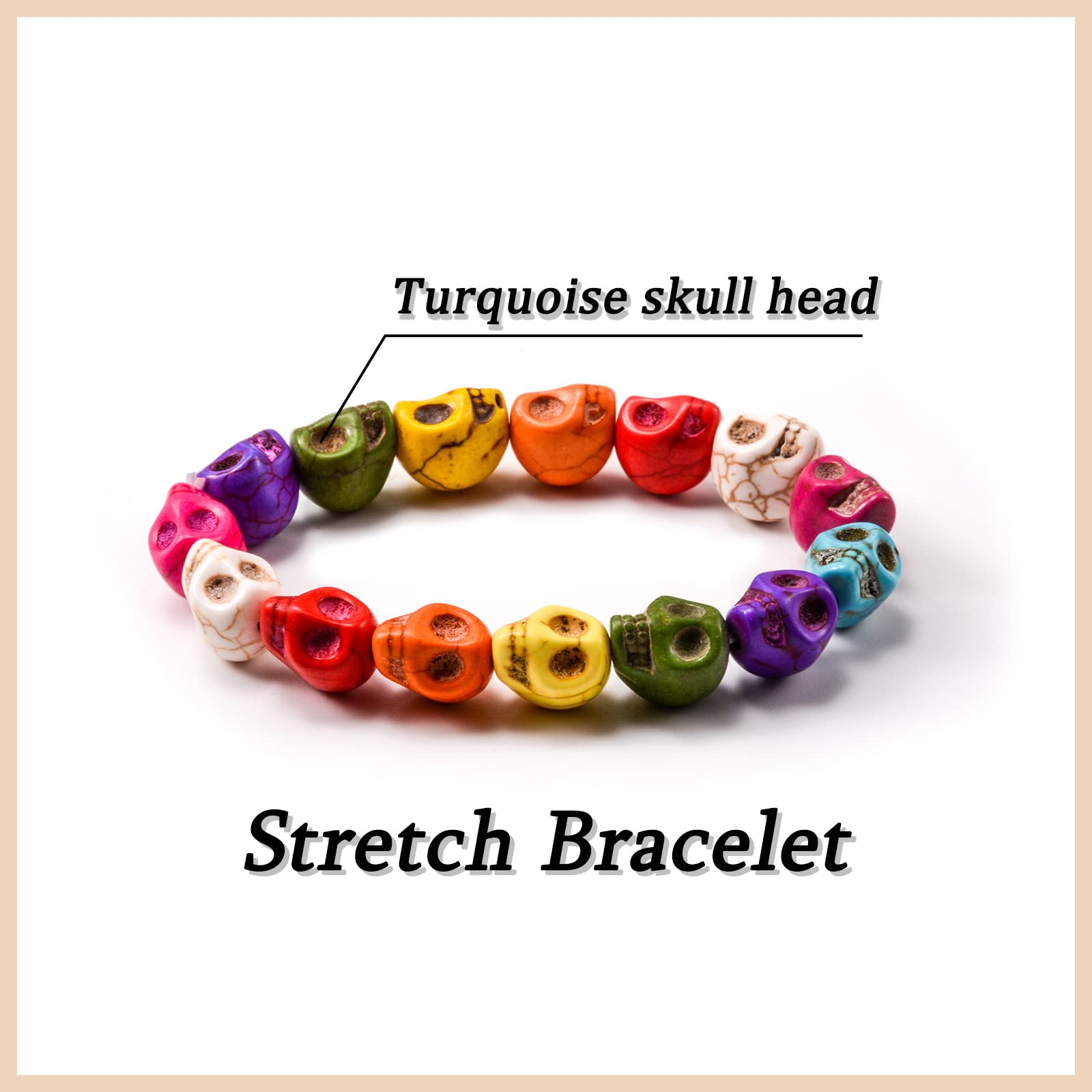 GBTBYS Skull Bracelet Halloween Gifts Set of 4 Colorful Turquoise Skeleton Beads Elastic Bracelets Tibetan Prayer Charm Yoga Hip Hop for Men Women Husband Boyfriend Couple Birthday Gifts