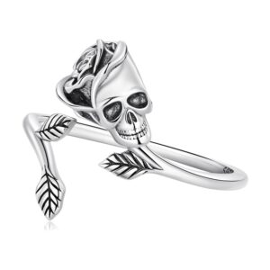 Vintage Rose Flower Skull Open Statement Rings 925 Sterling Silver Adjustable Leaf Wrap Finger Band Skeleton Stacking Promise Ring Punk Halloween Jewelry for Women Girls