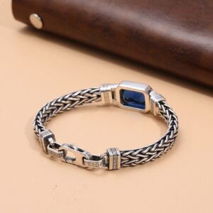 Myshiwu 925 Sterling Silver Wheat Bracelet Vintage Thai Silver Blue Cubic Zirconia Wheat Bar Bracelet for Men Women Gift (1pc Blue Cubic Zirconia, 20cm)