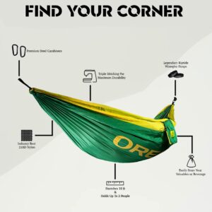 Rincon Official (University of Oregon) College Hammock - Premium 210T Nylon, Spacious 112 x 74 inches (LxW) Double & Single Camping Hammock - Portable Outdoor Adventure Gear for Students and Alumni