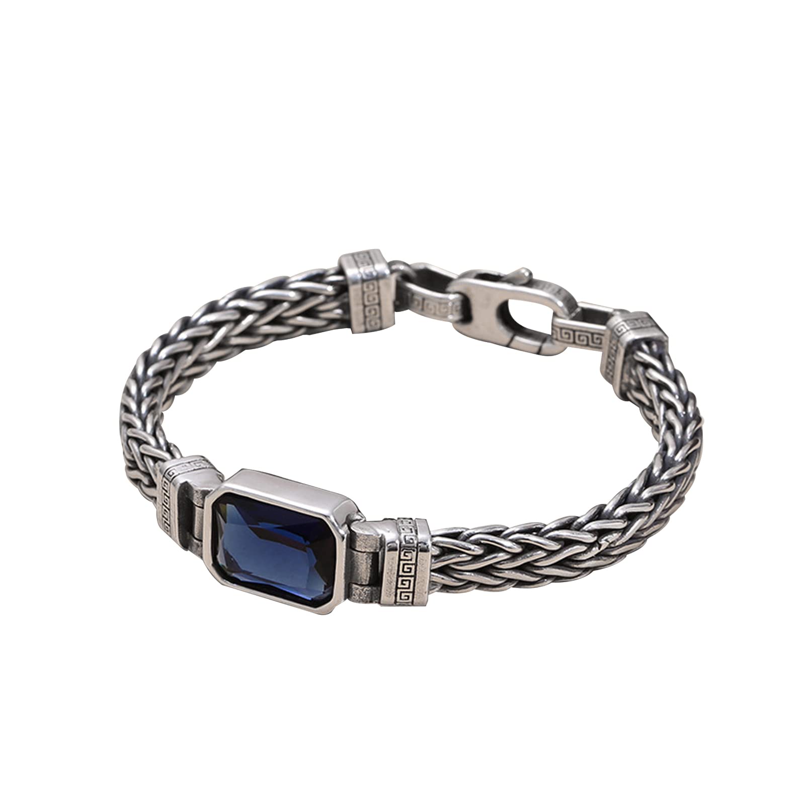 Myshiwu 925 Sterling Silver Wheat Bracelet Vintage Thai Silver Blue Cubic Zirconia Wheat Bar Bracelet for Men Women Gift (1pc Blue Cubic Zirconia, 20cm)