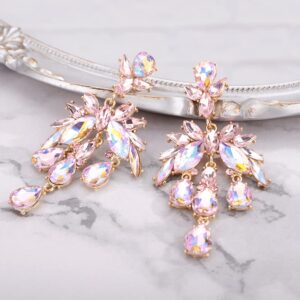 Denifery Wedding Teardrop Dangle Earrings Crystal Rhinestone Earrings Chandelier Earrings Rhinestone Dangle Drop Earrings for Women and Girls (Pink)