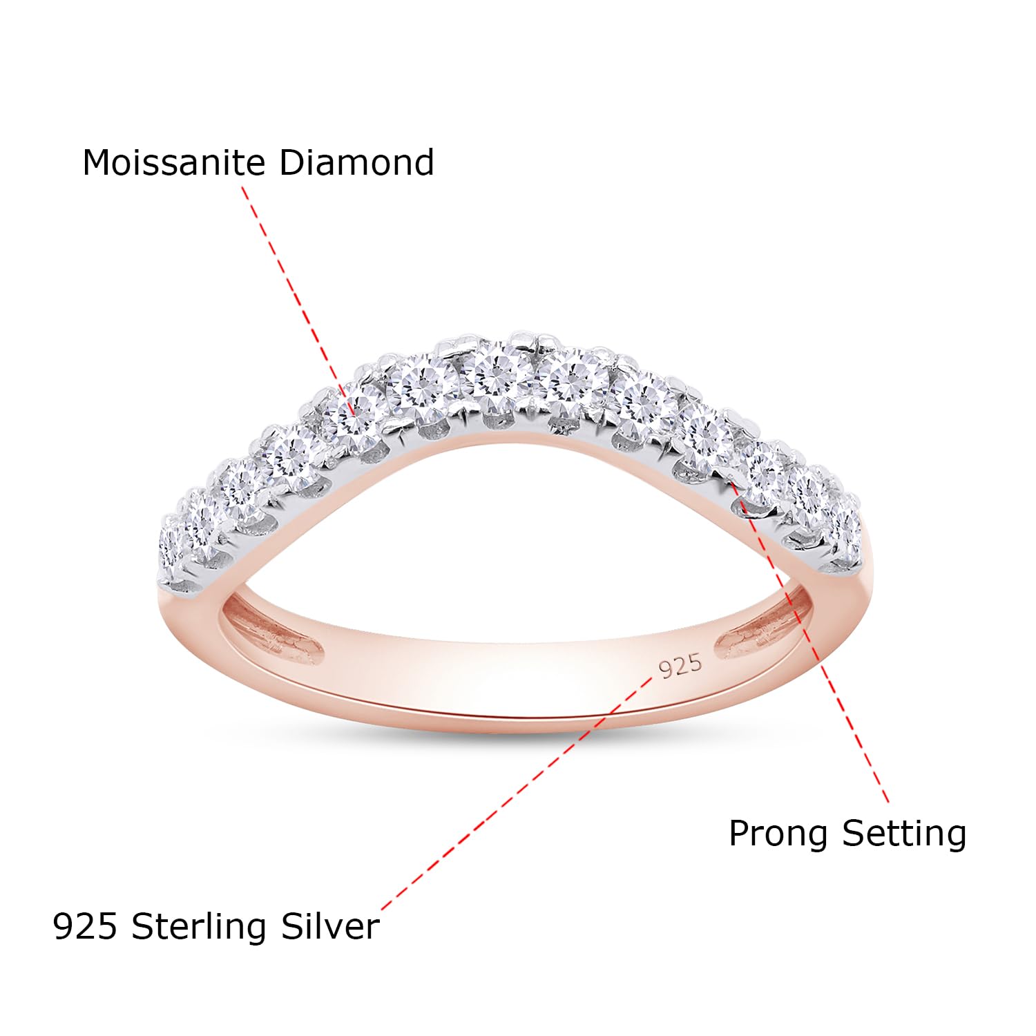 SAVEARTH DIAMONDS 1/3 Carat (ctw) Lab Created Moissanite Diamond Half Eternity Curved Wedding Band 14k Rose Gold Over Sterling Silver for Women with 2.5MM Width, (0.33 Ctw)