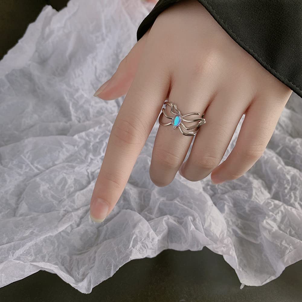 OIDIMS Moonstone Spider Sterling Silver Plated Open Statement Rings Crystal Adjustable Eternity Wedding Open Ring Fashion Dainty for Women Men Halloween Cocktail Party Biker Jewelry