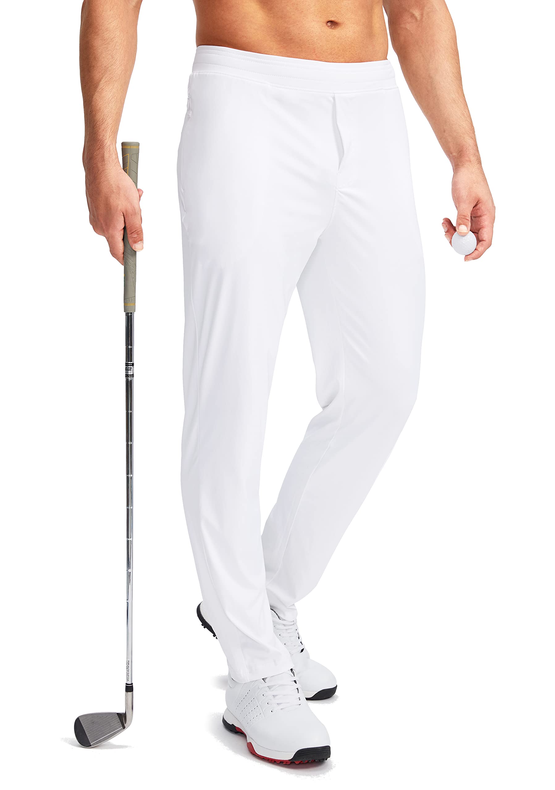 Pudolla Men's Golf Pants Stretch Sweatpants with Zipper Pockets Slim Fit Work Casual Joggers Pants for Men (White Medium)