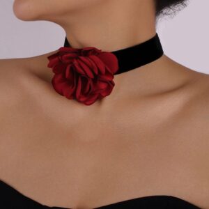 Zeshimb Boho Black Velvet Choker Necklace Red Flower Necklace 3D Rose Necklace Elastic Satin Collar Necklace Big Flower Exaggerated Necklace Jewelry for Women Girls Cosplay Necklace Gifts