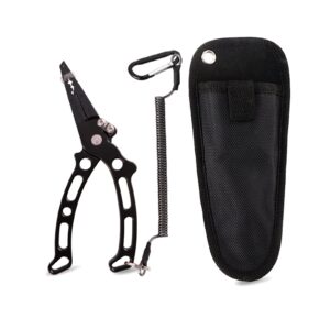 xixidian fishing pliers, aluminum alloy fishing gear, fishing tools & accessories with safety coiled lanyard and sheath for angler friends or family (color : black)