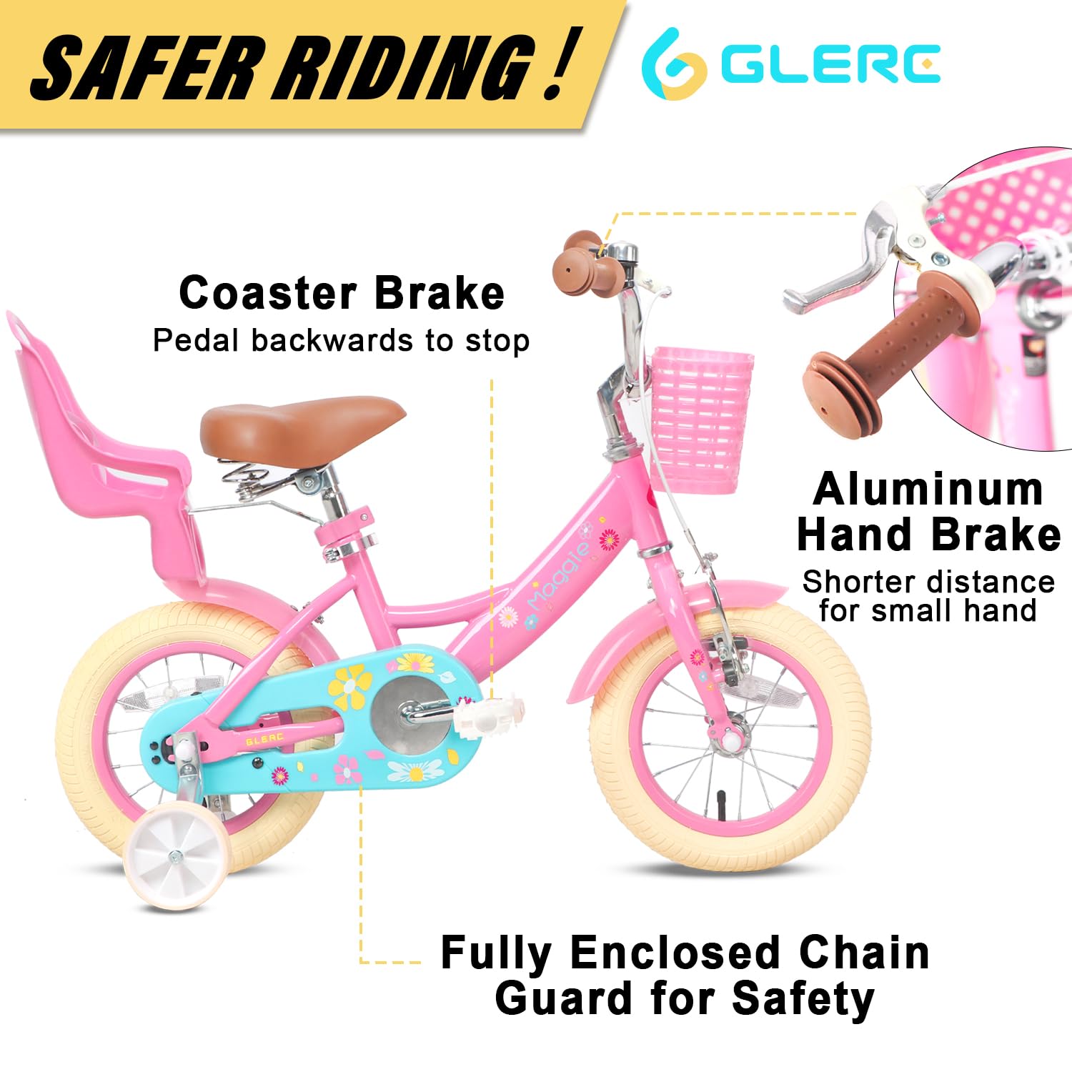 Glerc Maggie 14 Inch Girls Bike Ages 2 3 4 5 6 7 Years Old Kids Bicycle Princess Style with Doll-Seat & Basket & Training Wheels & Bell for Birthday, Pink