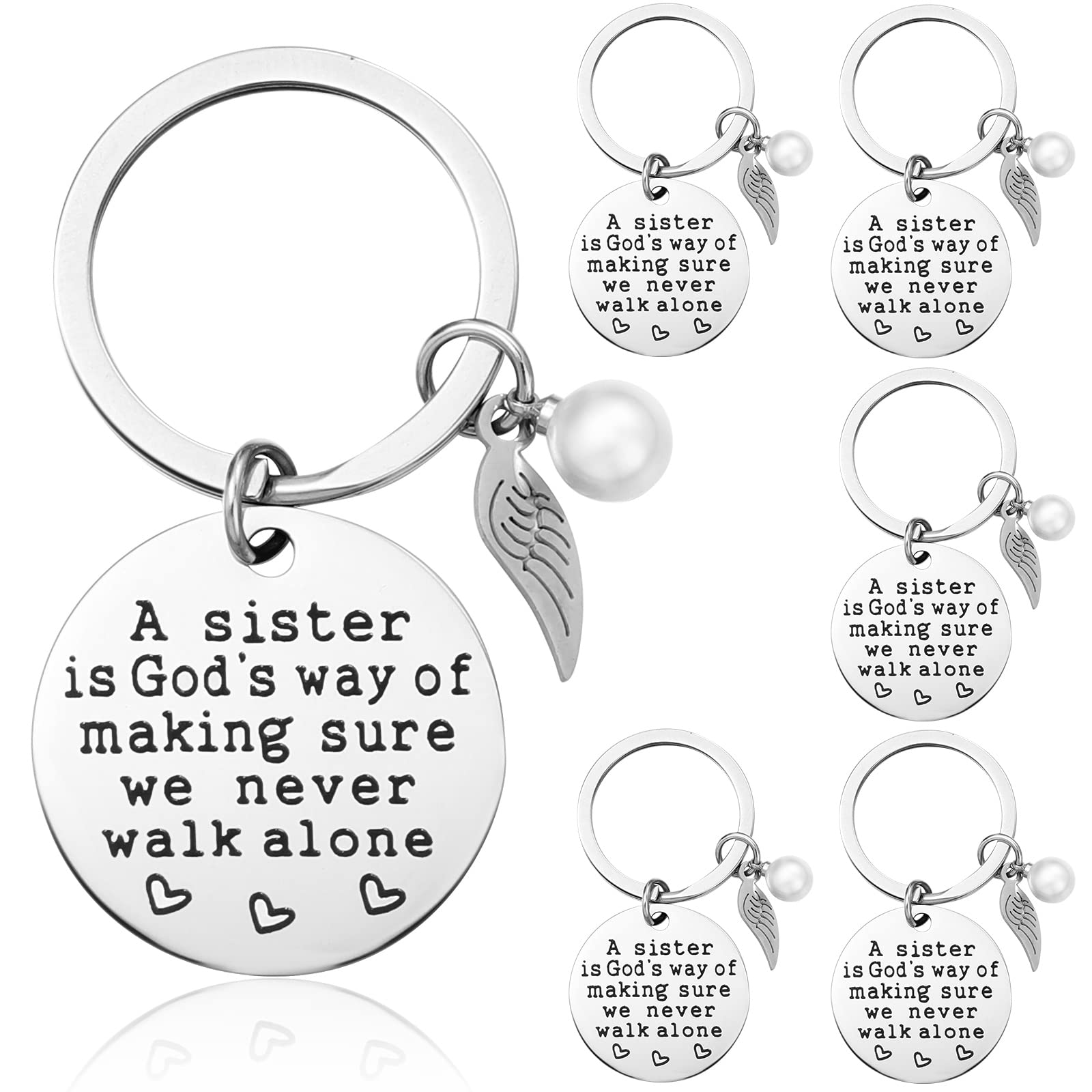 Roowest 6 Pieces Sister Keychain Gift from Sister, a Sister Is God's Way of Making Sure We Never Walk Alone Angel Keychain for Women Friend Birthday school class Jewelry Gifts