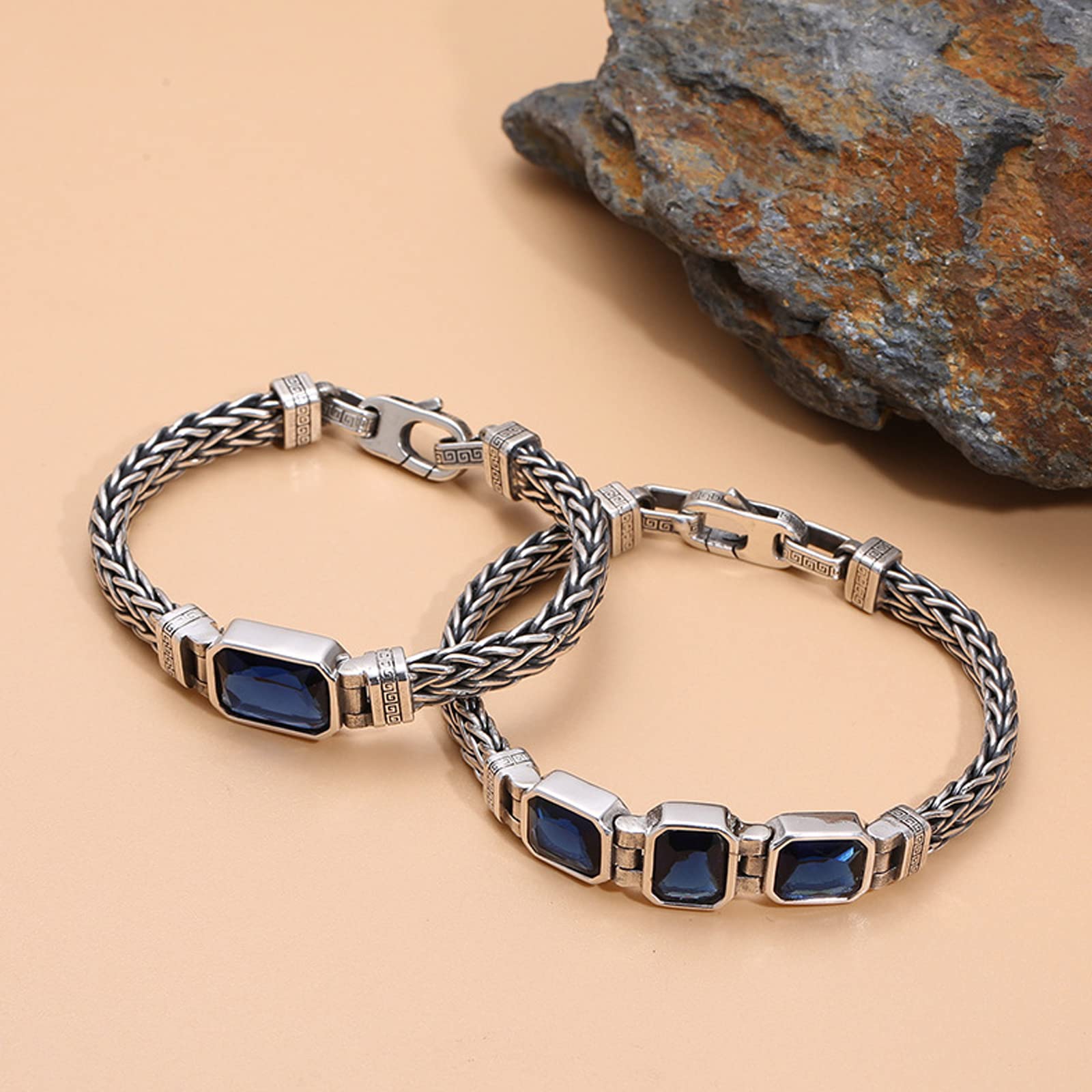 Myshiwu 925 Sterling Silver Wheat Bracelet Vintage Thai Silver Blue Cubic Zirconia Wheat Bar Bracelet for Men Women Gift (1pc Blue Cubic Zirconia, 20cm)