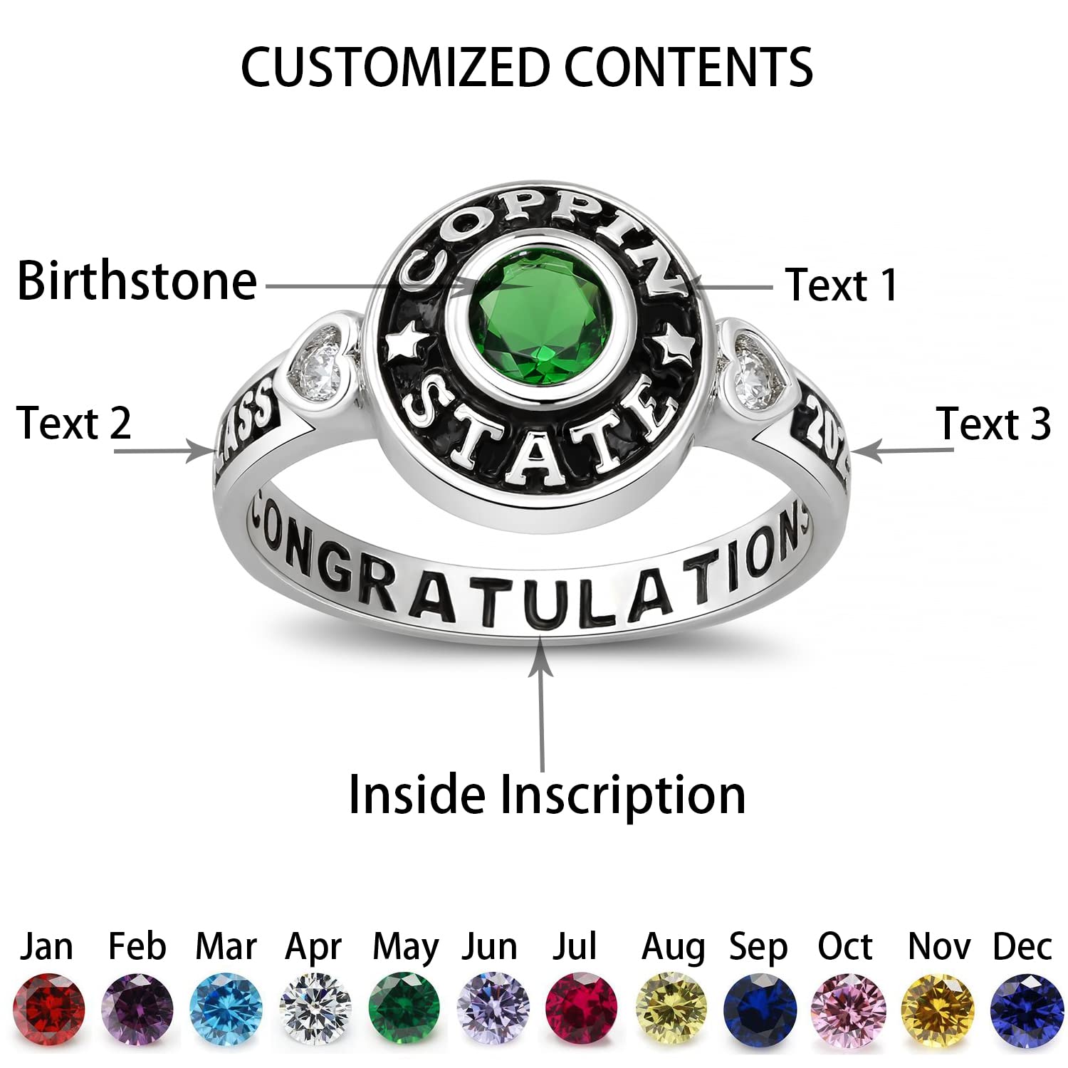 Ccjcinata 925 Sterling Silver Class Rings for Women High School Cubic Zirconia Birthstone Rings Personalized Custom Rings Women's Class Rings Size 5-15 College Rings for Women