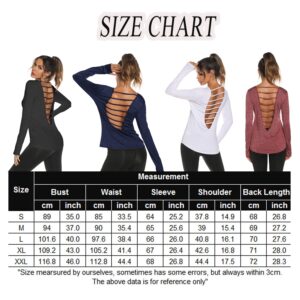 Back Long Sleeve Workout Tops for Women with Thumb Hole Backless Crewneck Gym Yoga Shirts Black