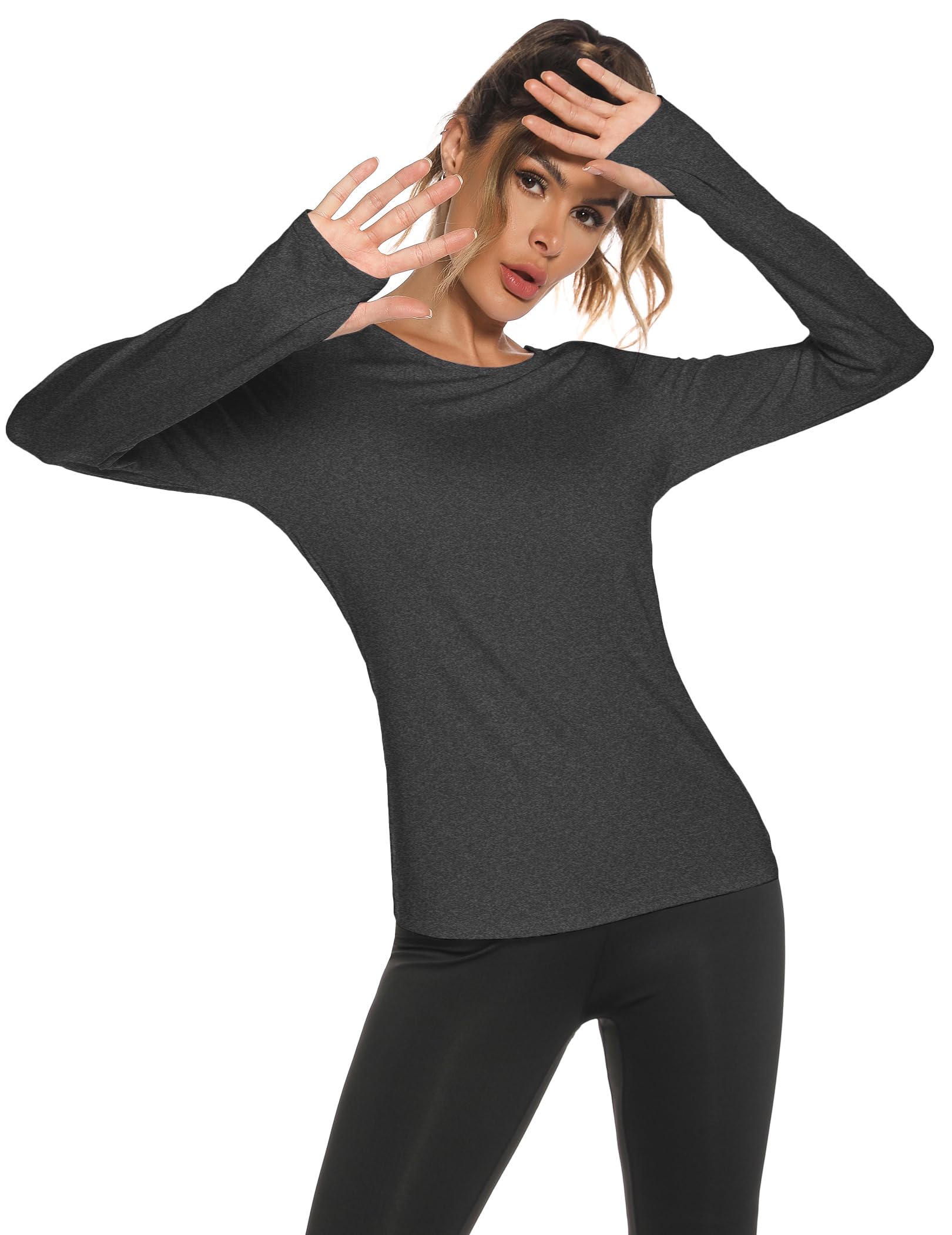 Back Long Sleeve Workout Tops for Women with Thumb Hole Backless Crewneck Gym Yoga Shirts Black