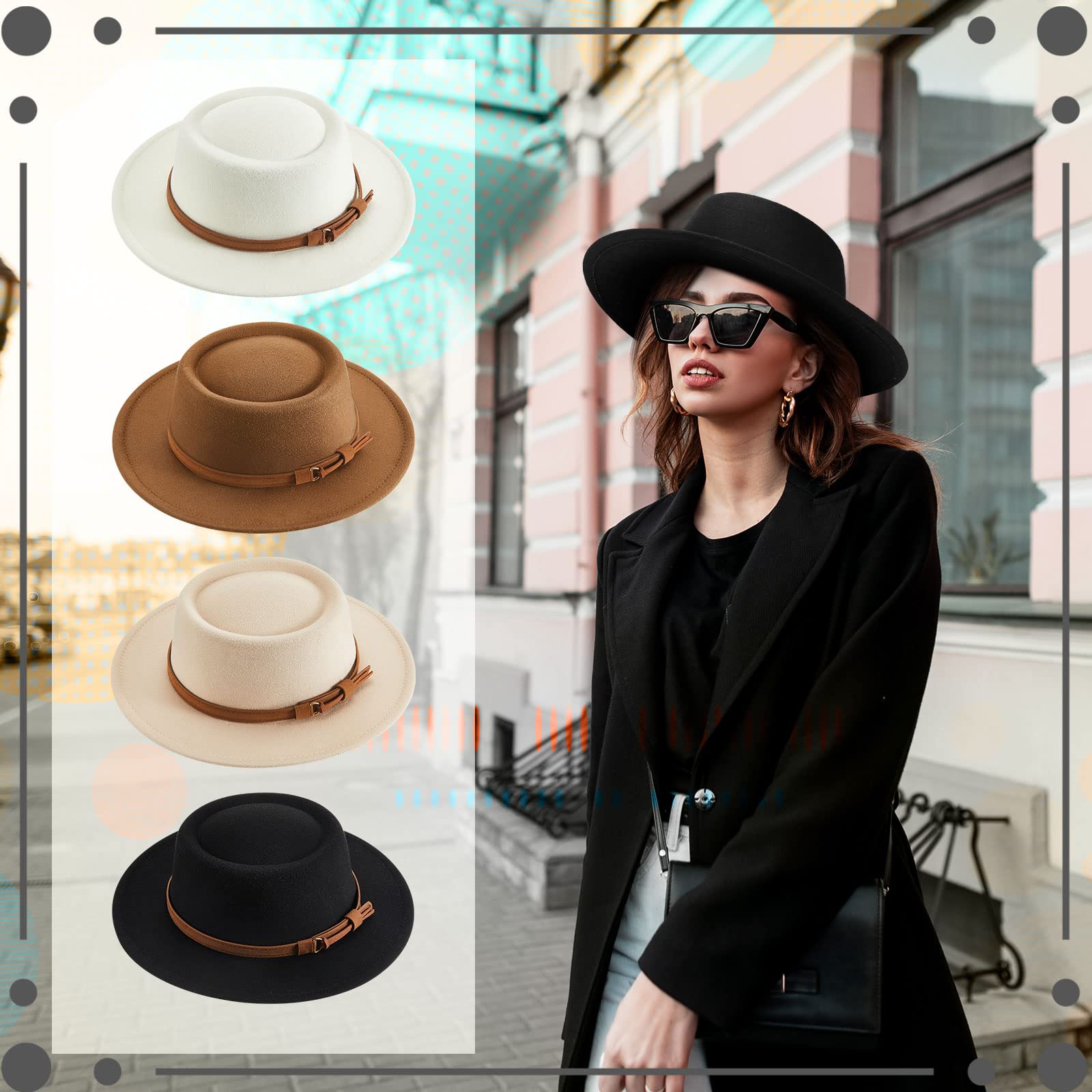 4 Pcs Hats for Women Vintage Wool Hat Felt Boho Pork Pie Hat with Belt Panama Hat Jazz Hat (Beige, Khaki, Camel, Black)