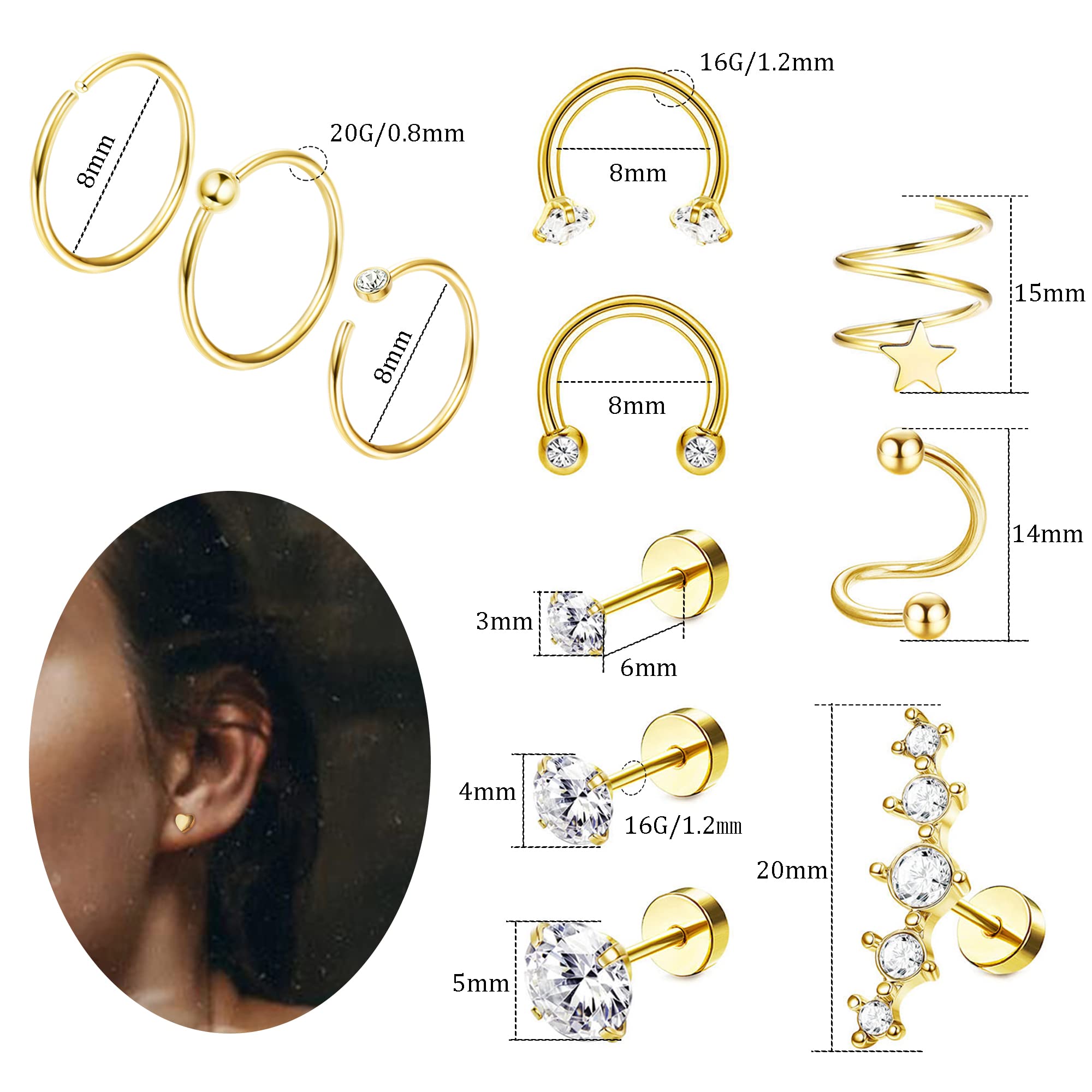 FIBO STEEL 20G Surgical Steel Stud Earrings for Women Multipack Cartilage Studs Hoops Earrings CZ Flower Butterfly Heart Flat Back Earrings Helix Conch Ear Piercings Gold-tone