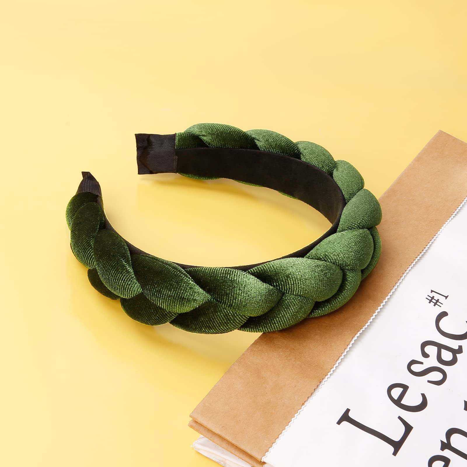 WOVOWOVO Headbands for Women, Non-Slip Soft Solid Thick Wide Solid Color Girls Hair Hoop Velvet Braided Headband's Cute Hair Accessories, Green