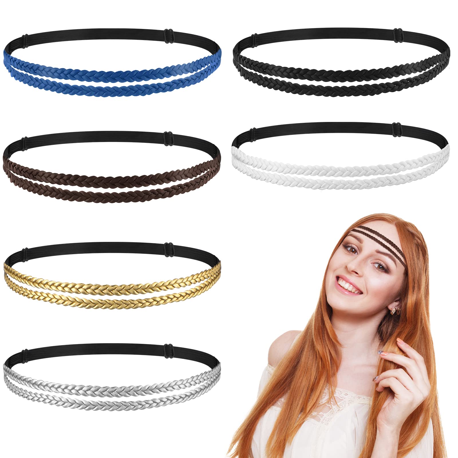 Yinder Women's Boho Leather Stretchy Double Non Slip Hair Accessory - 6 Pcs Elastic Braided Headbands in Elegant Color